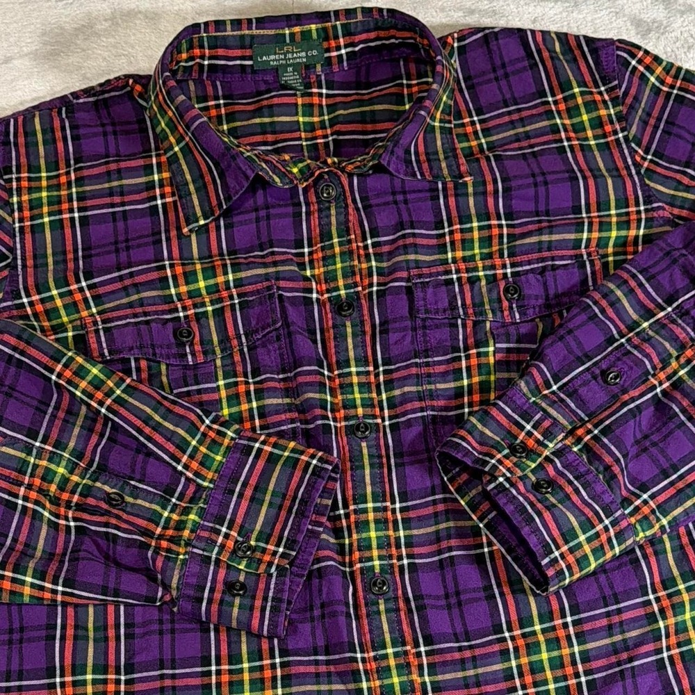 90s Vintage Lauren Ralph Lauren Plaid Button-Up Shirt | Purple Multi | 1X